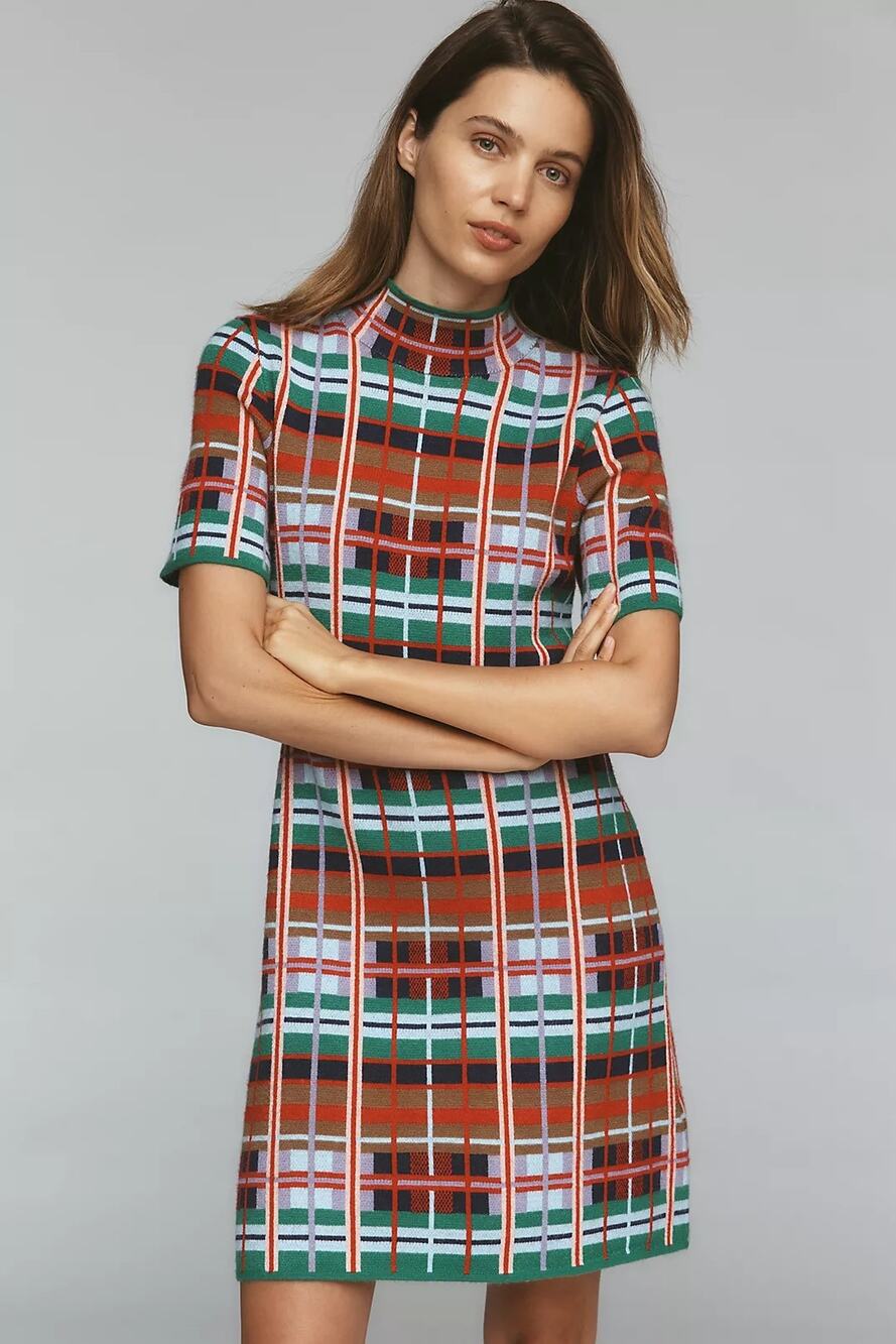New By Anthropologie Mock-Neck Short-Sleeve Mini Shift Dress X-LARGE Multi Plaid